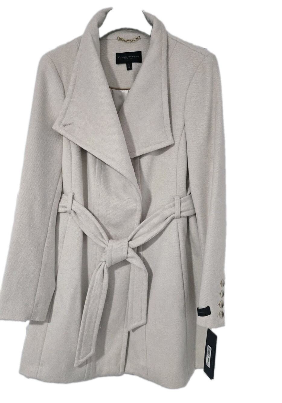 Donna Karan New York Wool Blend Coat Women's L Cream Ivory Belted Wrap NWT